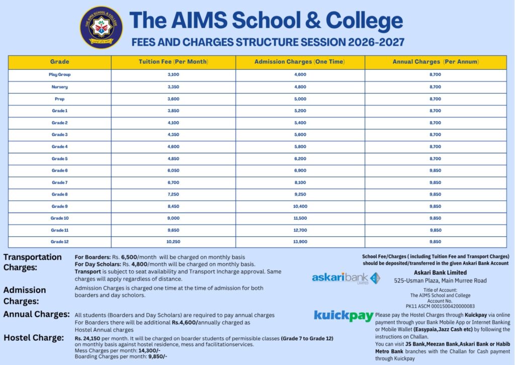 The AIMS School & College Islamabad Fee Structure 2026-2027